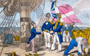 戦闘前のクォーターデッキ、1818年のジョンミットフォードによる「海軍のジョニーニューカムの冒険」のプレート 作： Charles Williams